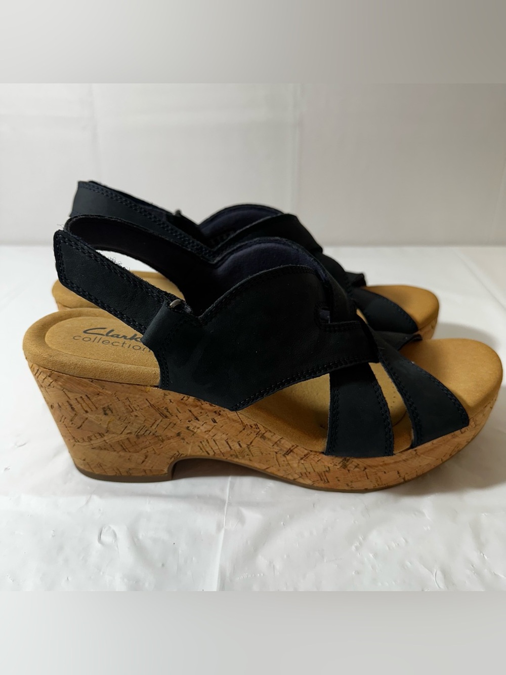 Clarks Black Suede Cork Wedge Sandals Size 11